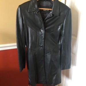 Kasper leather black long jacket size small